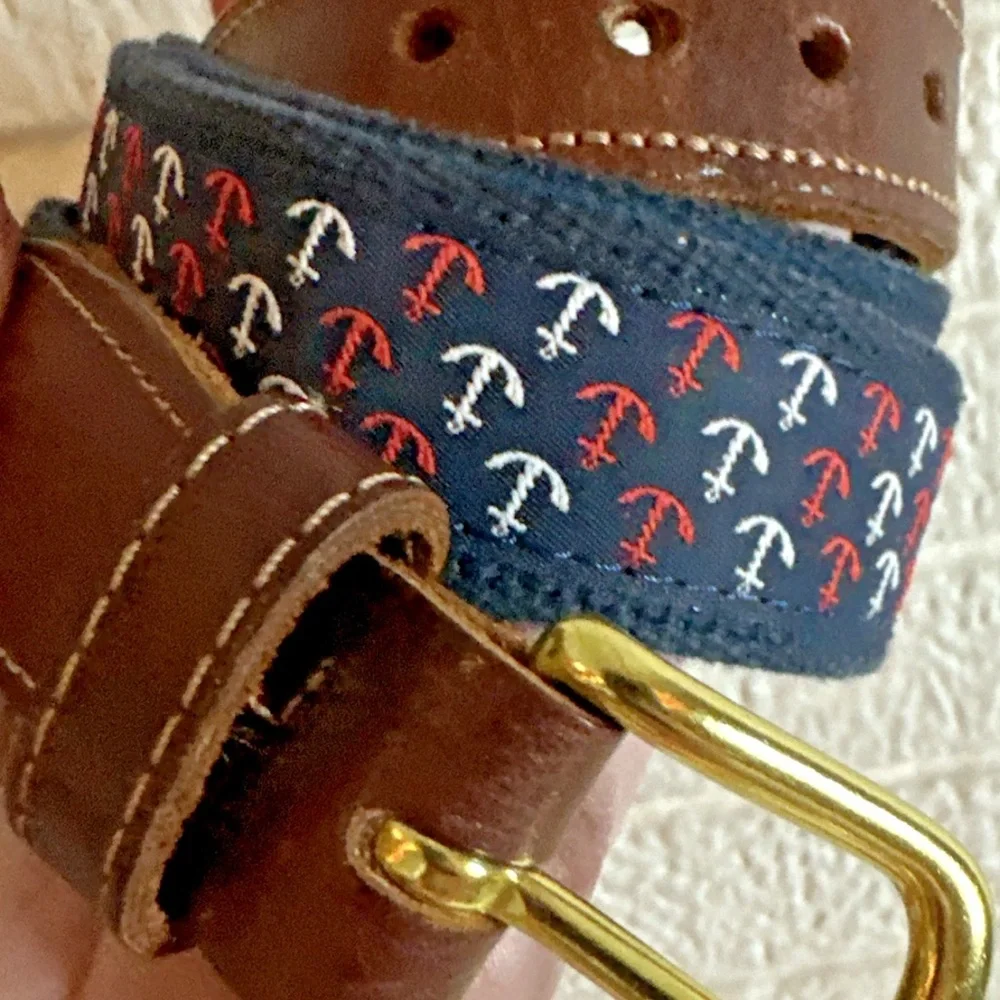 Preston New England Nautical Belt Men’s 34 Anchors Red Blue Canvas Leather USA